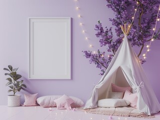 A cozy teepee tent with pillows and fairy lights sits against a lilac wall with a blank canvas. Perfect for kids' room decor.