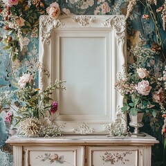 Naklejka premium Ornate white frame with floral decorations on an antique dresser.