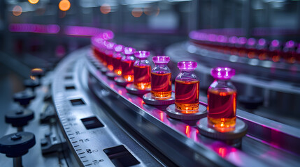 Conveyor Belt with Rows of Glass Vials Filled with a Clear Orange Liquid, Close-Up Photo