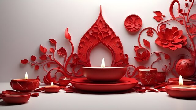 Red 3D Decorative Design Wallpaper For The Diwali Festival. 3D Model Generation.

