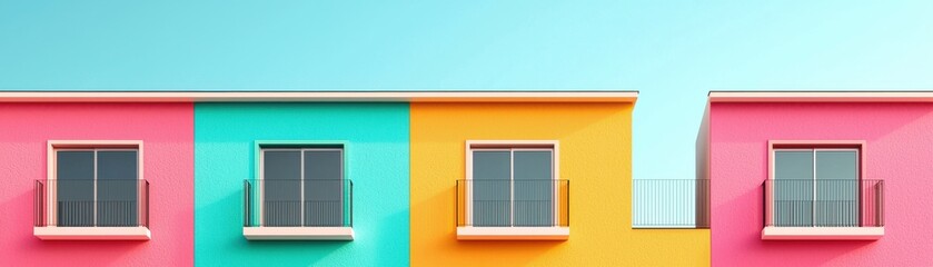 Vibrant buildings with colorful walls and windows under a clear blue sky, showcasing modern architectural design.