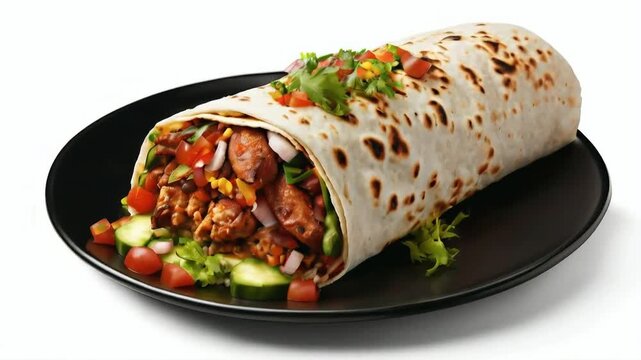 A burrito filled with seasoned rice, beans, grilled chicken, and fresh salsa, wrapped in a warm tortilla, served on a black plate, isolated on a white background suitable for food advertising