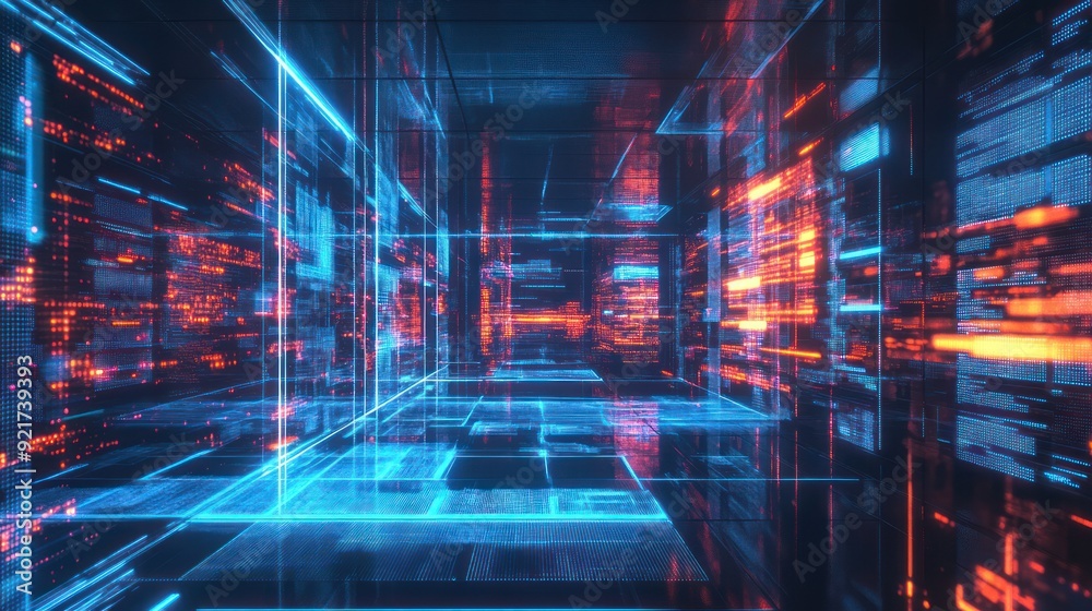 Wall mural abstract digital world, neon blue and red glowing grid lines and binary code in a 3d space