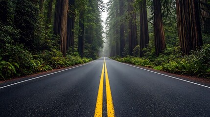 Fototapeta premium A winding road through a dense forest of redwood trees, with a thick fog rolling in.