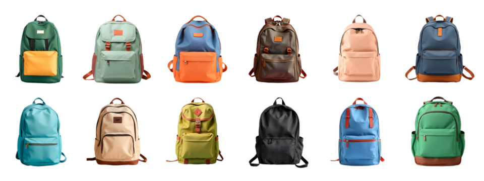 School backpacks transparent collection , PNG collection, set backpack, cut out, isolated on a plain background, studio shot, detailed photo, generative art - Powered by Adobe