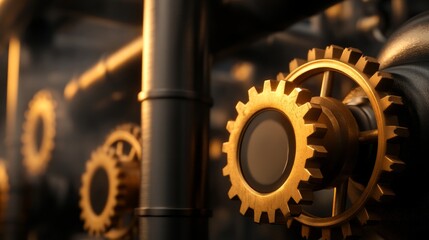 A complex steampunk scene featuring a clockwork cityscape, with gears, pipes, and mechanical elements intertwined. Vintage and futuristic blend