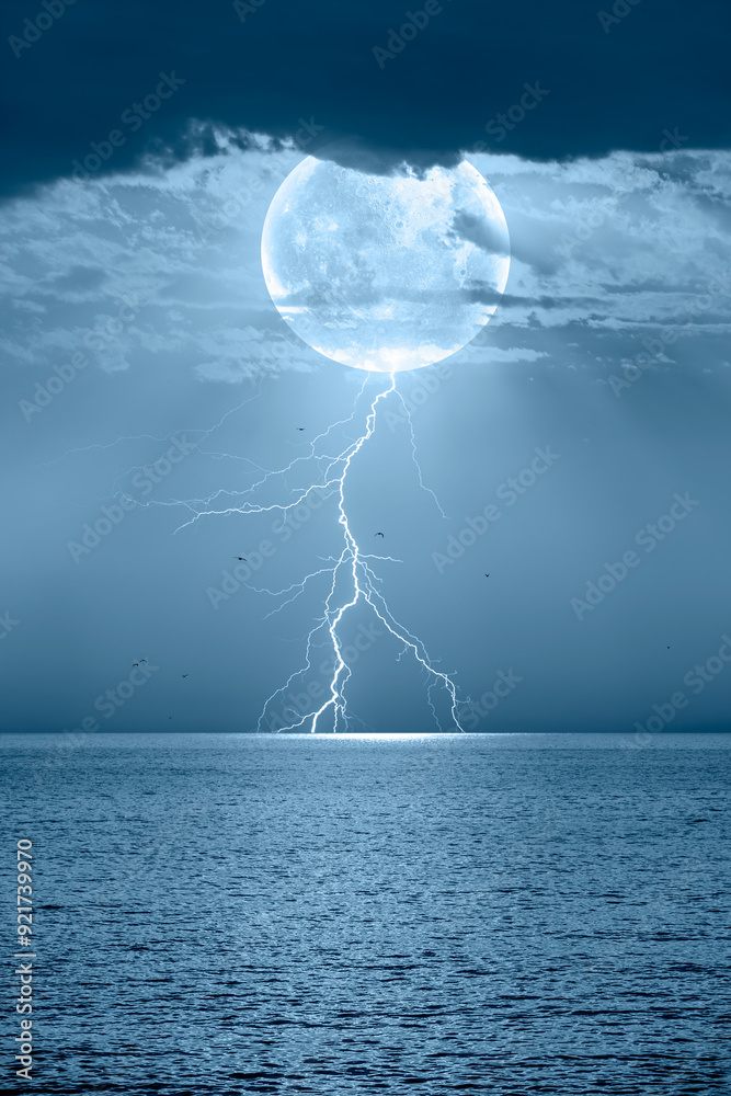 Poster lightning coming from the moon to the earth - night sky with full moon and lightning in the clouds o