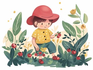 Naklejka premium Child picking berries illustration. AI generated