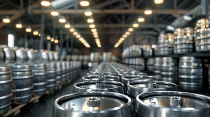 Large metal barrels or containers for beer in industrial production. Kegs for beers. copy space for text.