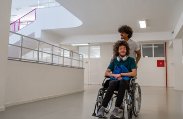 A happy college students in university hallway, a classmate pushing a friend in a wheelchair as they walk down the school corridor or male patient smiling with friendly caregiver in hospital corridor.