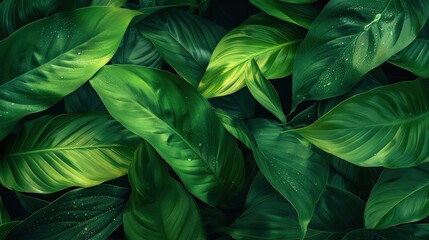 leaves of Spathiphyllum cannifolium, abstract green texture, nature background, tropical leaf. copy space for text.