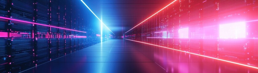 Futuristic Neon Data Center Corridor with Vibrant Blue and Pink Lighting