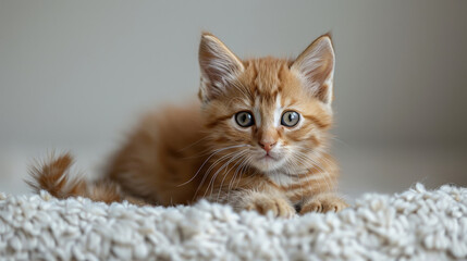Visualize a kitten sitting in the center of a cyclorama in a photography studio, with soft, diffused lighting enhancing its fur and features. The kitten's playful pose, perhaps with