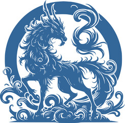 blue dragon kirin, isolated on white, Qilin the dragon of wise, editable stroke, ready for your design