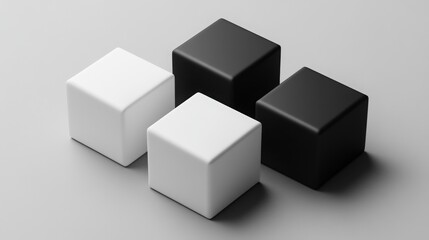 Fototapeta premium A simple, abstract image with four cubes of alternating black and white colors arranged on a grey background.
