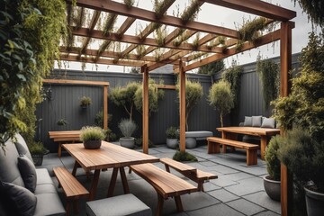 Fototapeta premium Outdoor Dining Area with Wooden Pergola and Greenery
