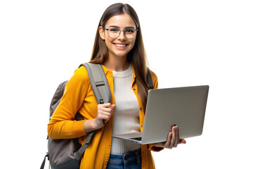 Cheerful Student Girl with Laptop and Backpack on White Background