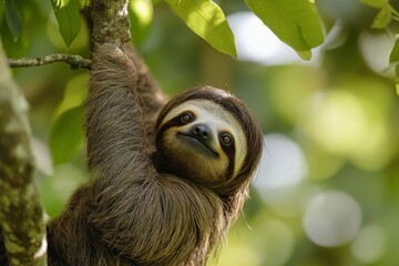 Fototapeta premium A sloth hanging from the branch of an tree 