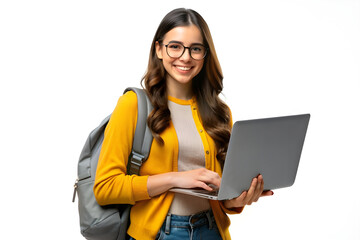 Smiling Student Girl with Backpack Holding a Laptop on White Background
