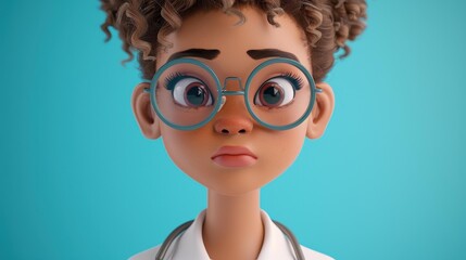 A vibrant 3D render of a thoughtful African woman doctor, showcasing her expertise in healthcare and dedication to patients.