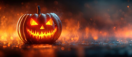 Fototapeta premium Spooky Halloween Pumpkin with Glowing Face and Fiery Background for Festive Holiday Celebration