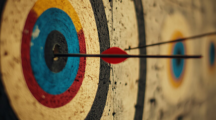 The concept of achieving success after numerous failures. Perseverance leads to success. Effort, practice, and determination required to reach a goal or target. An archery target on a wall with one ar