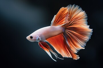 Fototapeta premium A vibrant orange and white Siamese Fighting Fish with long flowing fins swims against a dark background.
