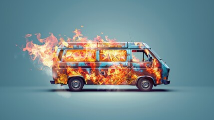 A Vintage Van Covered in Flames and Smoke