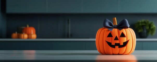 Pumpkinthemed Halloween present wrapped with a hidden surprise close up theme festive, dynamic, Composite, kitchen island