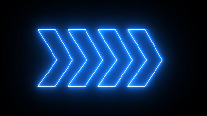 Right arrow for road direction. Glowing blue neon light traffic directional arrows sign. Flashing direction indicators