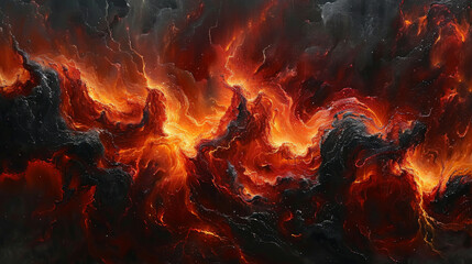 a swirling canvas where deep blacks and charcoals meld together, reminiscent of the night sky. Within this darkness, vibrant red and orange hues emerge like flickering embers of a distant fire