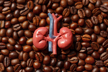 Anatomical Kidney Model on Roasted Coffee Beans Background