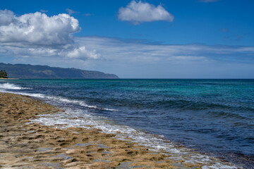 Laniakea Beach, North Shore, Oahu Hawaii. Beachrock is a friable to well-cemented sedimentary rock