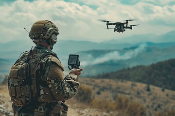 Fototapeta premium Soldier operating a military drone in a forest during a mission