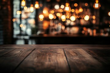 A wooden table top with a blurred background of a bar with warm light.