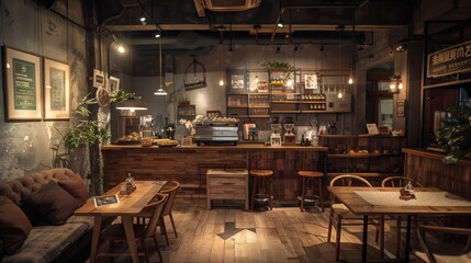 A cozy interior with rustic wooden tables, comfortable seating, and soft ambient lighting