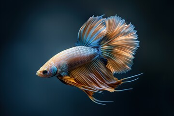Fototapeta premium A vibrant, orange and blue betta fish with long, flowing fins swims against a dark blue background.