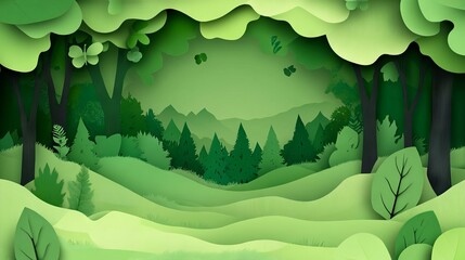 Nature concept with paper cut of green leaf and forest silhouette landscape abstract background.Paper art style vector illustration