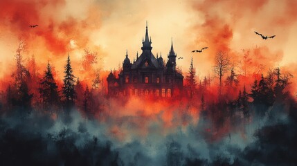 Naklejka premium Modern Watercolor Haunted House with Gentle Flowing Colors