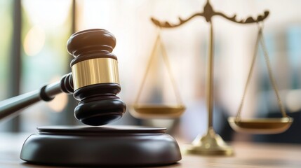 Close-up view of a wooden judge's gavel with the scales of justice in the background symbolizing law and justice against. 