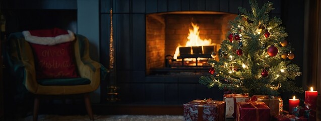 Naklejka premium Interior christmas. Christmas room, fireplace with fire and Christmas tree with decorations in dark