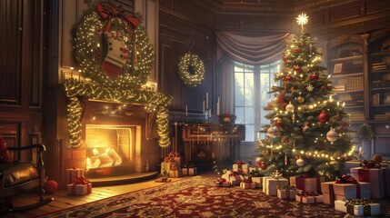A festive holiday scene with a beautifully decorated Christmas tree, twinkling lights, and wrapped gifts.