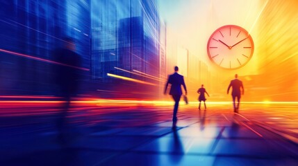 Dynamic city scene with people walking under vibrant lights and a clock symbolizing time and urgency in urban life.