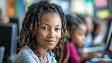 Confident African American Woman in Computer Lab.
