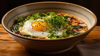 Bowl of ramen with egg, seaweed, and scallions
