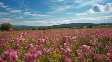 Pink Wildflowers in a Field with a Rolling Hill Landscape and Blue Sky