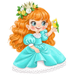 Cute cartoon red haired Princess in lush dress with parrot on hand watercolor paint
