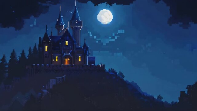 Animated castle at night in 8-bit style with flying bats, pixel art