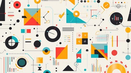 Obraz premium A modern business pattern showcasing a repeating design of abstract business icons and geometric shapes.