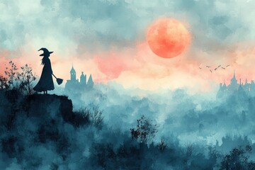 Fototapeta premium Minimalistic Halloween Watercolor Witch on Broomstick with Soft Night Sky
